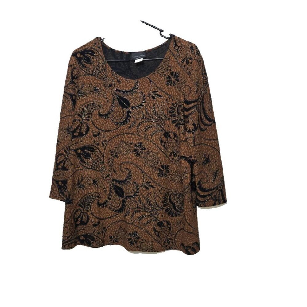 Brittany Black Blouse 2X Paisley Brown Business Casual Pullover 3/4 Sleeve Women